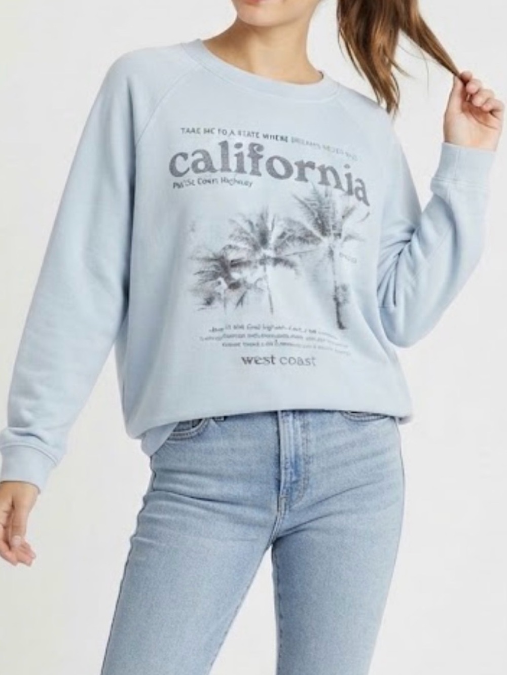 American Eagle Outfitters Women’s Light Blue California Graphic Pullover Large